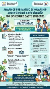 Award of Pre-matric Scholarship to Scheduled Caste Students Studying from VI to X Standard in Government Schools and Government recognised Private Schools in the Union Territory of Puducherry